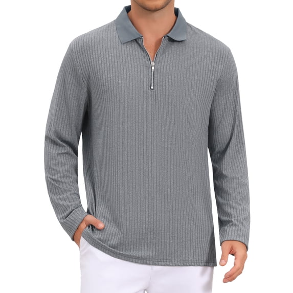 INSPIRE CHIC Men's Textured Polo Shirts Long Sleeve Quarter Zip Golf Top 2XL Gray