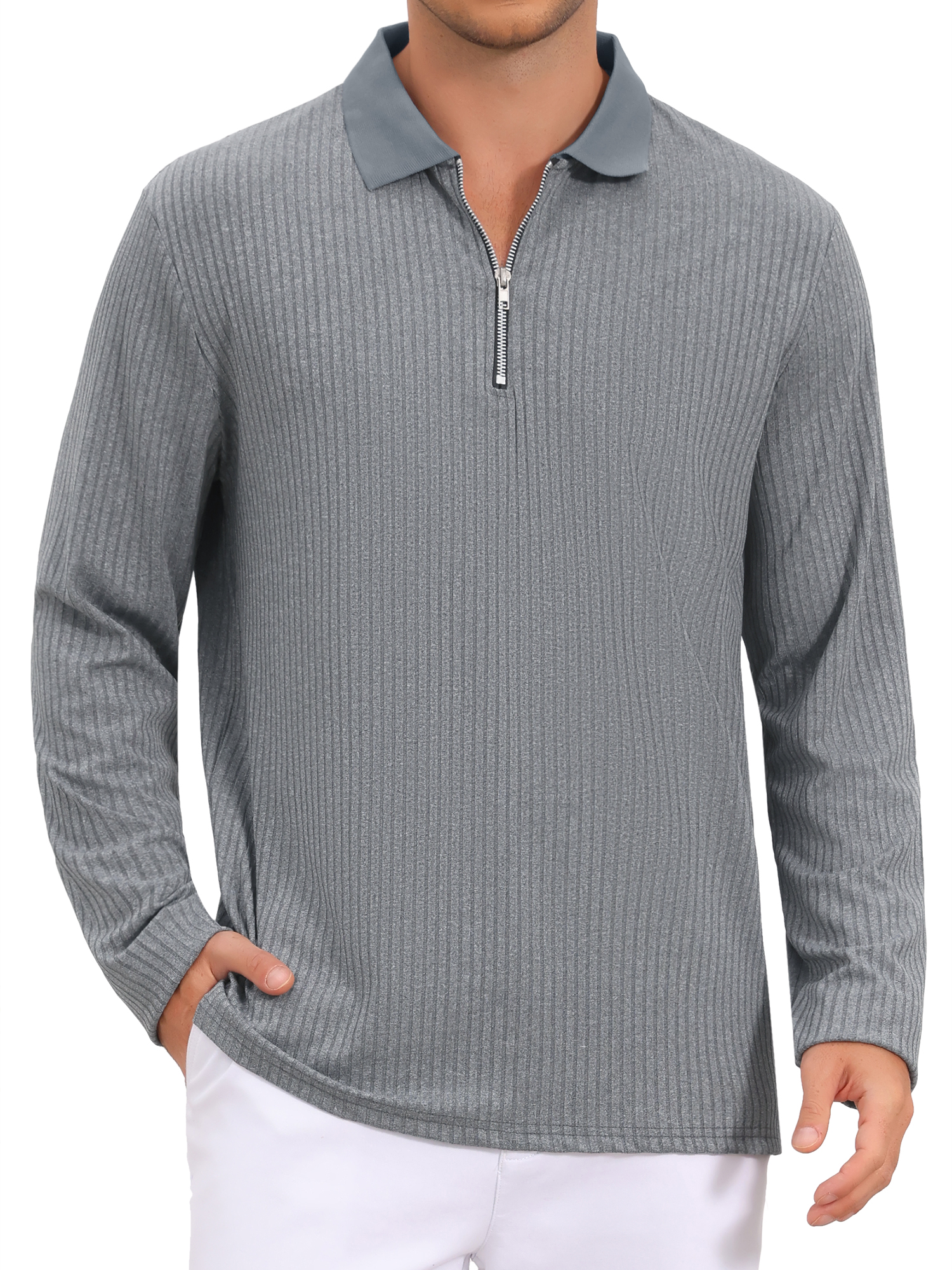 INSPIRE CHIC Men's Textured Polo Shirts Long Sleeve Quarter Zip Golf Top L Gray