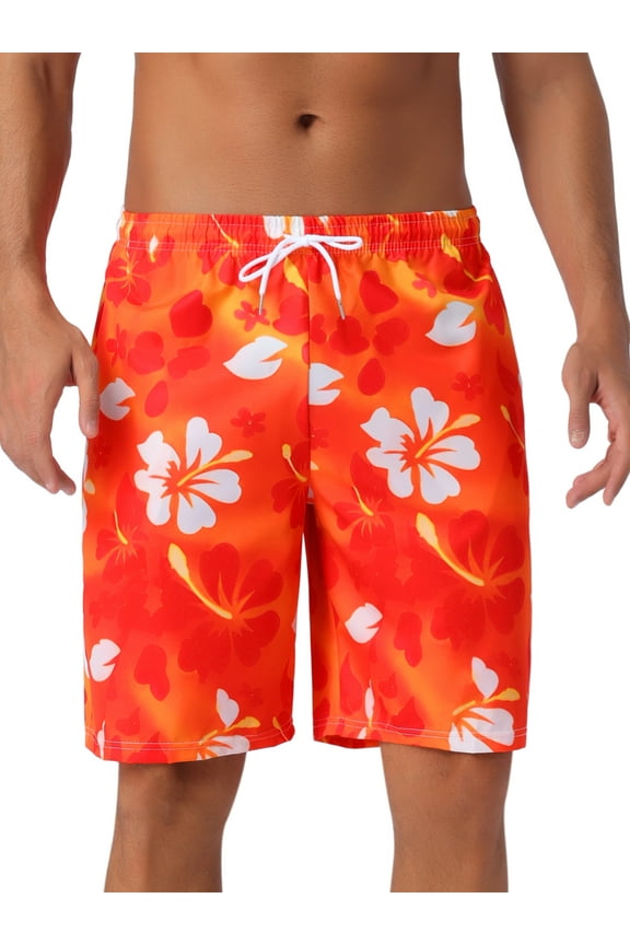 Men's Tropical Floral Print Elastic Waist Drawstring Hawaiian Summer Beach Swim Shorts 32 Red