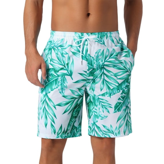 INSPIRE CHIC Men's Tropical Floral Print Elastic Waist Drawstring Hawaiian Summer Beach Swim Shorts 36 Green White