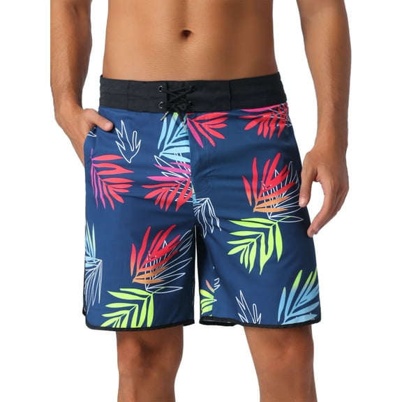 INSPIRE CHIC Men's Tropical Vocation Elastic Waist Drawstring Hawaiian Print Athletic Swim Trunks 28 Dark Blue