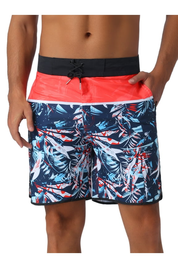 Men's Tropical Vocation Elastic Waist Drawstring Hawaiian Print Athletic Swim Trunks 34 Black Red