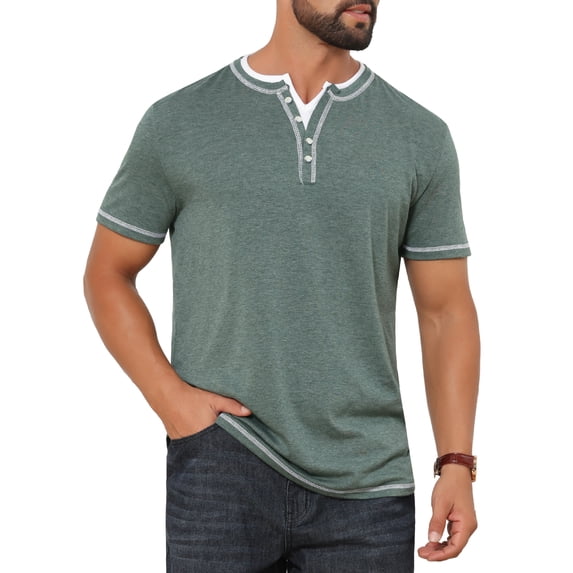 INSPIRE CHIC Men's V-Neck Colorblock Button Down Short Sleeve Henley Shirt 2XL Green