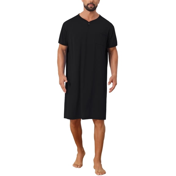 INSPIRE CHIC Men's V-Neck Colorblock Trim Short Sleeve Chest Pocket Pajama Sleep Shirt S Black