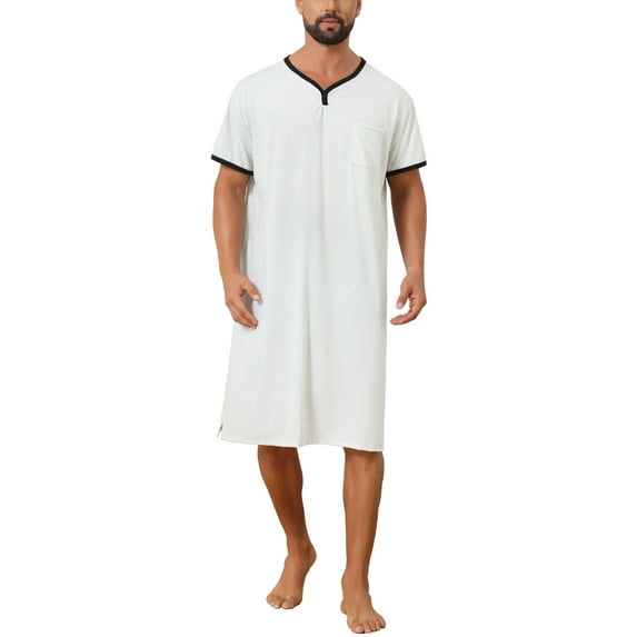 INSPIRE CHIC Men's V-Neck Colorblock Trim Short Sleeve Chest Pocket Pajama Sleep Shirt S Light Gray