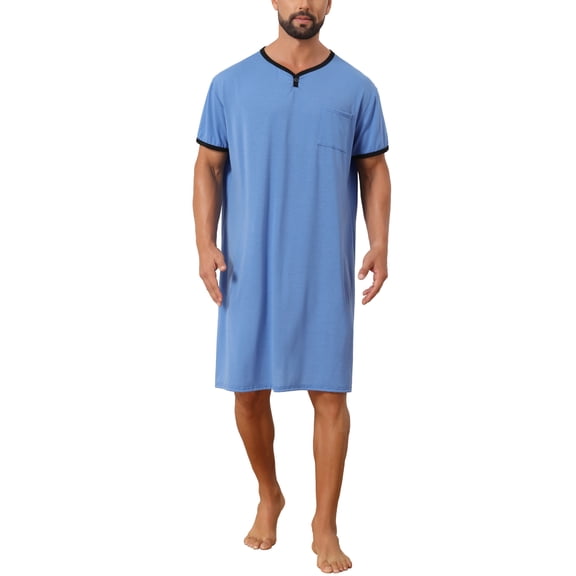 INSPIRE CHIC Men's V-Neck Colorblock Trim Short Sleeve Chest Pocket Pajama Sleep Shirt XL Light Blue