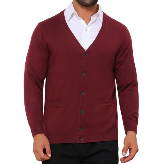 INSPIRE CHIC Men's V Neck Long Sleeved Button Down Knit Cardigan Sweaters with Pockets L Burgundy