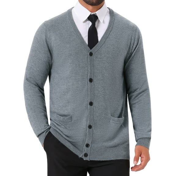 INSPIRE CHIC Men's V Neck Long Sleeved Button Down Knit Cardigan Sweaters with Pockets M Light Gray