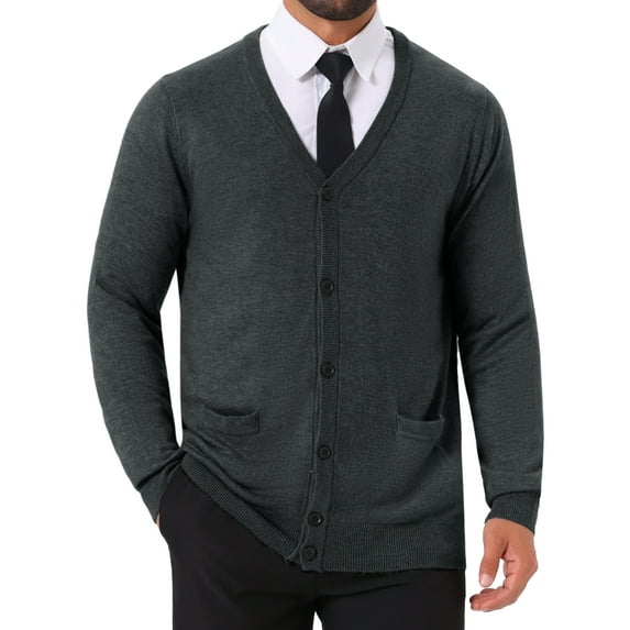 INSPIRE CHIC Men's V Neck Long Sleeved Button Down Knit Cardigan Sweaters with Pockets S Dark Gray