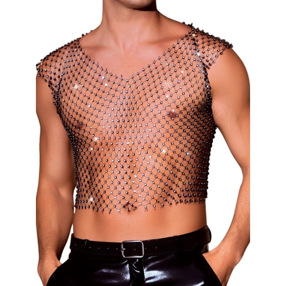INSPIRE CHIC Men's V-Neck Sleeveless Party Shiny Mesh Rhinestone Tank Top S Black