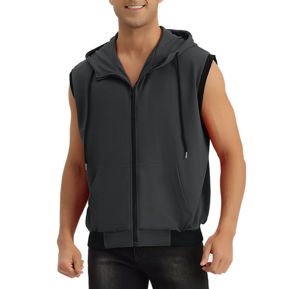 INSPIRE CHIC Men's Vest Hoodie Zip Up Sleeveless Drawstring Hooded Vest M Dark Gray