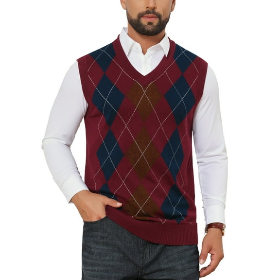 INSPIRE CHIC Men's Vests Argyle Knit Slim Fit Sleeveless Contrast Color Pullover Vest L Wine Red