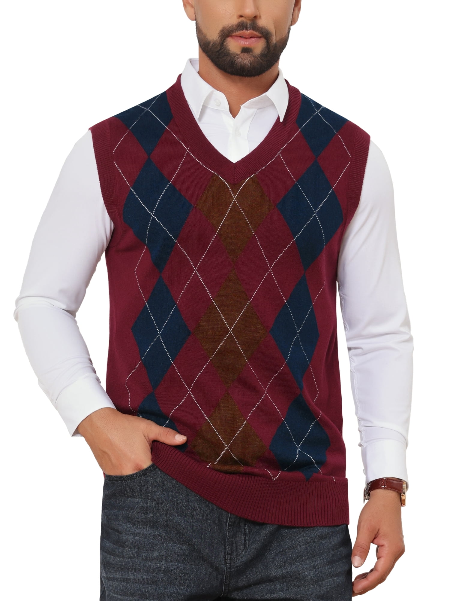 INSPIRE CHIC Men's Vests Argyle Knit Slim Fit Sleeveless Contrast