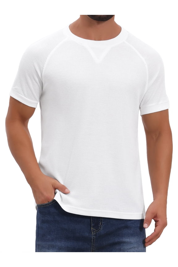 Men's Waffle Fabric Classic Crew Neck Raglan Short Sleeves T-Shirt M White