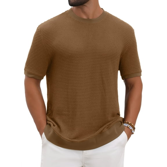 INSPIRE CHIC Men's Waffle Texture Short Sleeve Crew Neck Solid Casual Knitted T-Shirts M Brown