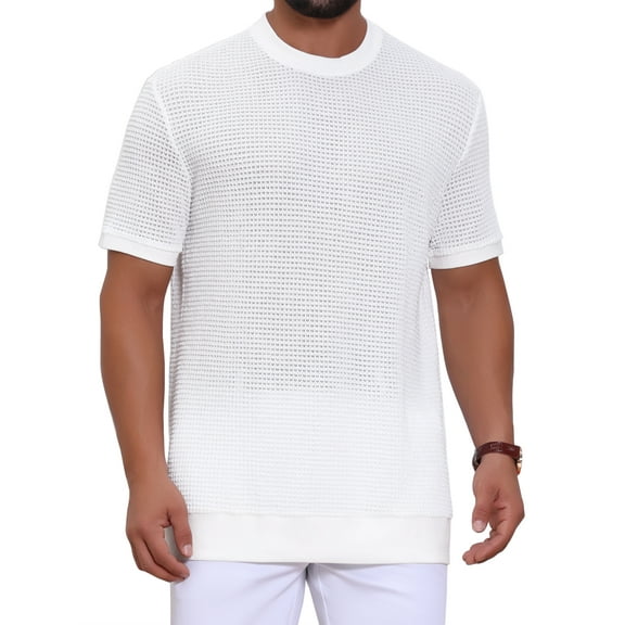 INSPIRE CHIC Men's Waffle Texture Short Sleeve Crew Neck Solid Casual Knitted T-Shirts M White