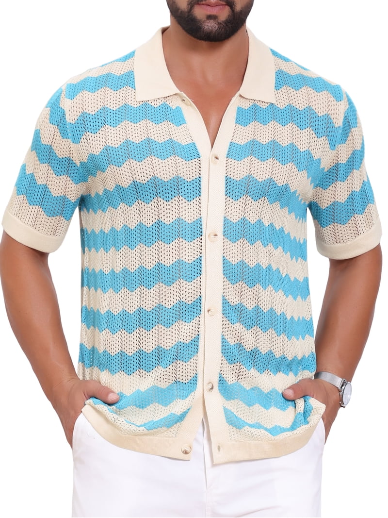 INSPIRE CHIC Men's Wave Crochet Shirt Hollow Short Sleeve Striped