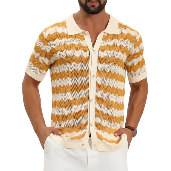 INSPIRE CHIC Men's Wave Crochet Shirt Hollow Short Sleeve Striped Knit Shirts M Yellow