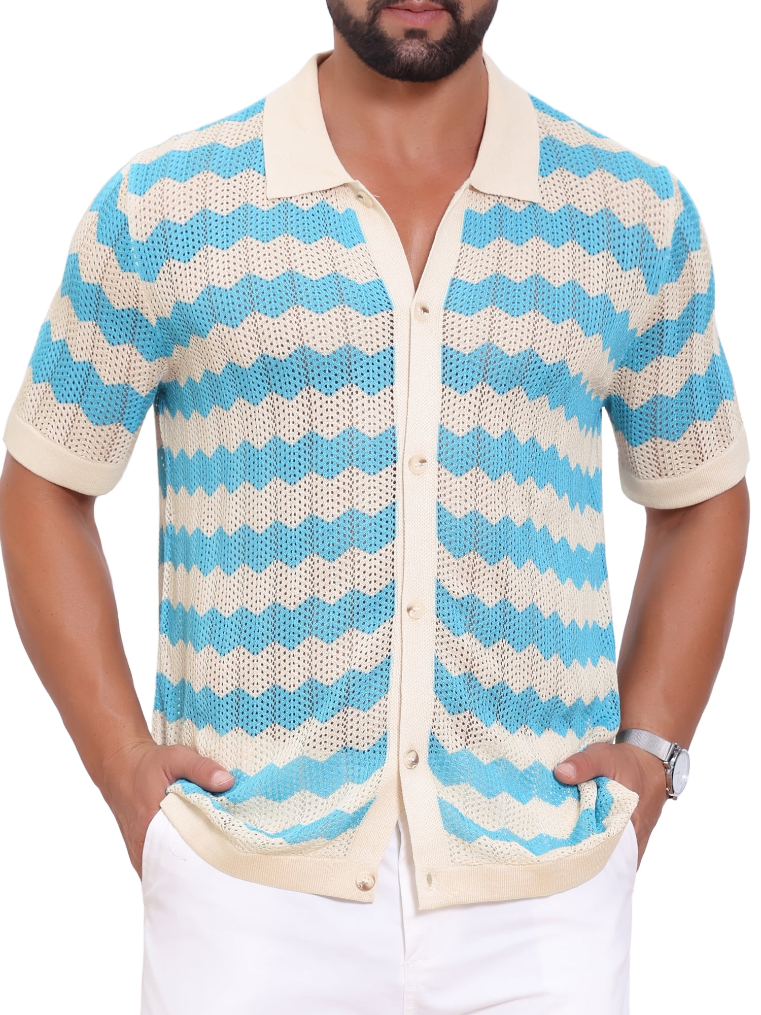 INSPIRE CHIC Men's Wave Crochet Shirt Hollow Short Sleeve Striped