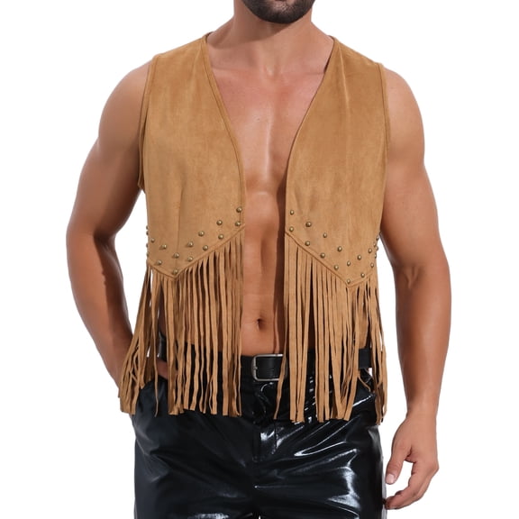 INSPIRE CHIC Men's Western Retro Open Front Sleeveless Suede Tassel Cardigan L Brown