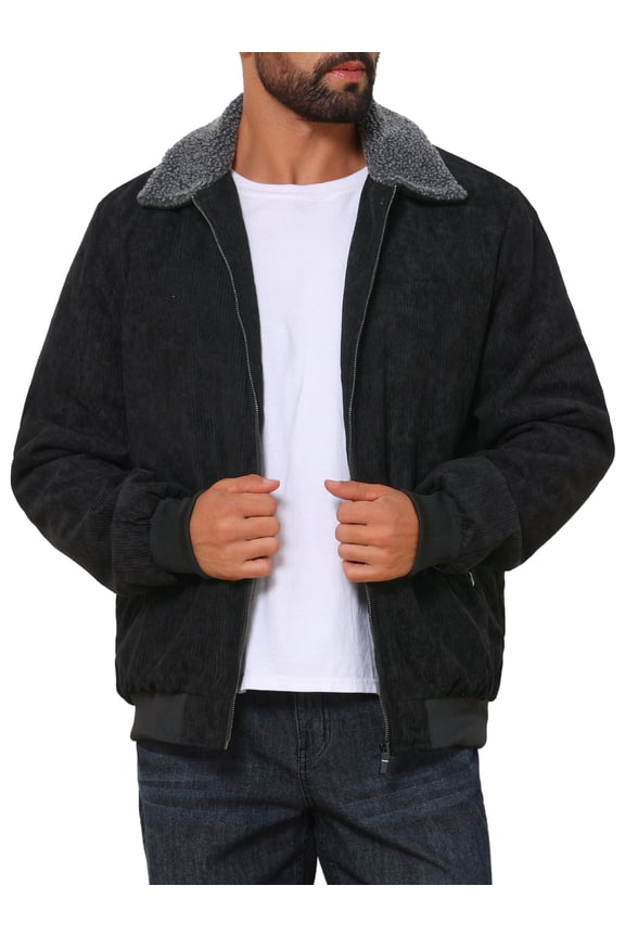 Men's Winter Cargo Coat Lapel Zipper Up Fleece Lined Warm Corduroy Jacket L Black