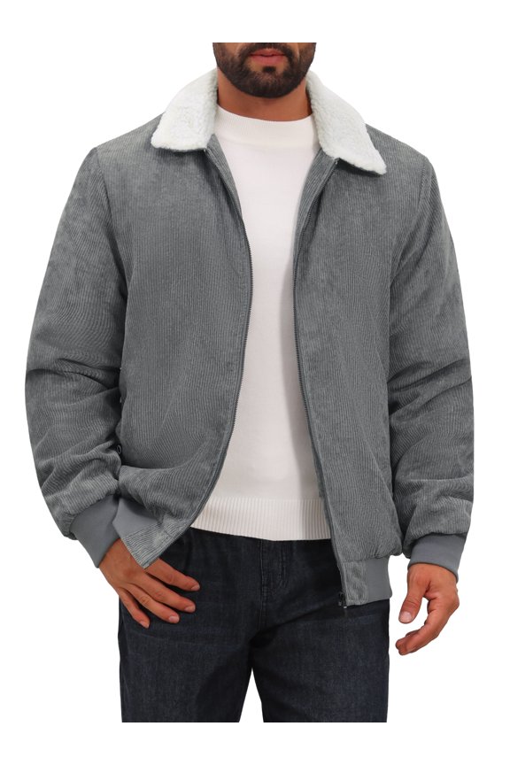 Men's Winter Cargo Coat Lapel Zipper Up Fleece Lined Warm Corduroy Jacket S Gray