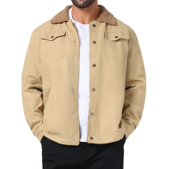 INSPIRE CHIC Men's Winter Coat Collared Button Front Fleece Lining Pockets Trucker Jacket L Light Khaki