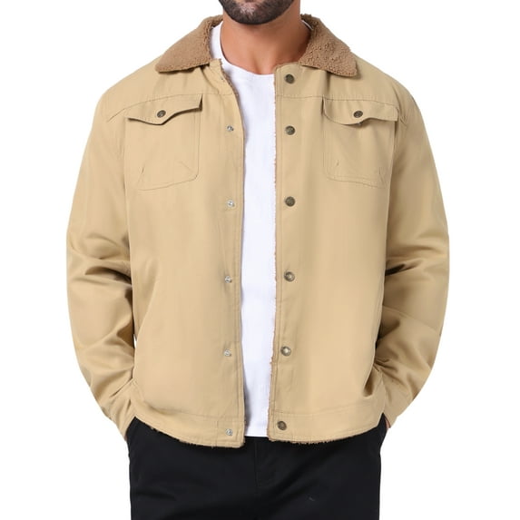 INSPIRE CHIC Men's Winter Coat Collared Button Front Fleece Lining Pockets Trucker Jacket S Light Khaki