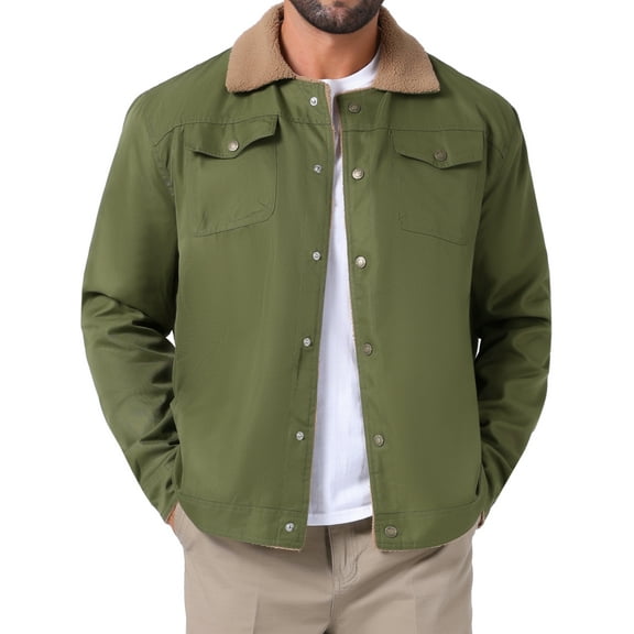 INSPIRE CHIC Men's Winter Coat Collared Button Front Fleece Lining Pockets Trucker Jacket S Olive Green