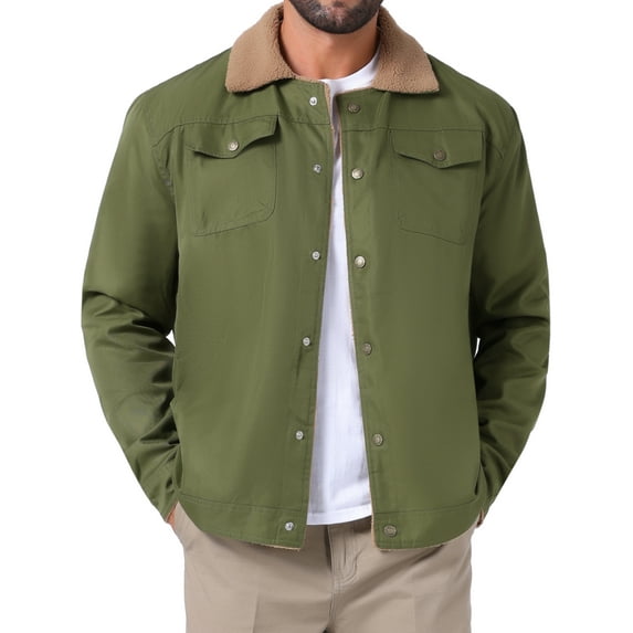 INSPIRE CHIC Men's Winter Coat Collared Button Front Fleece Lining Pockets Trucker Jacket S Olive Green