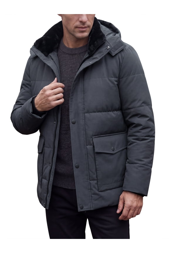 Men's Winter Jacket with Hood Long Sleeve Zip Outerwear Winter Coat M Gray