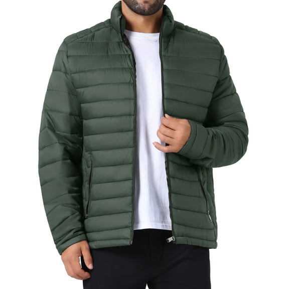 INSPIRE CHIC Men's Winter Solid Color Stand Collar Zipper Quilted Puffer Jacket 2XL Dark Green