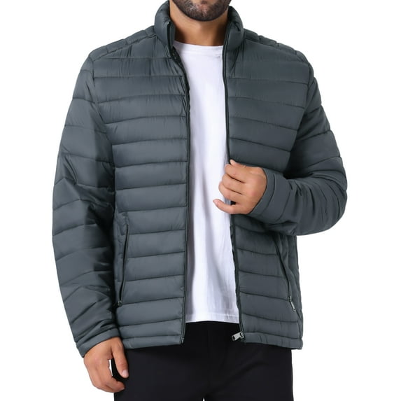 INSPIRE CHIC Men's Winter Solid Color Stand Collar Zipper Quilted Puffer Jacket 2XL Gray