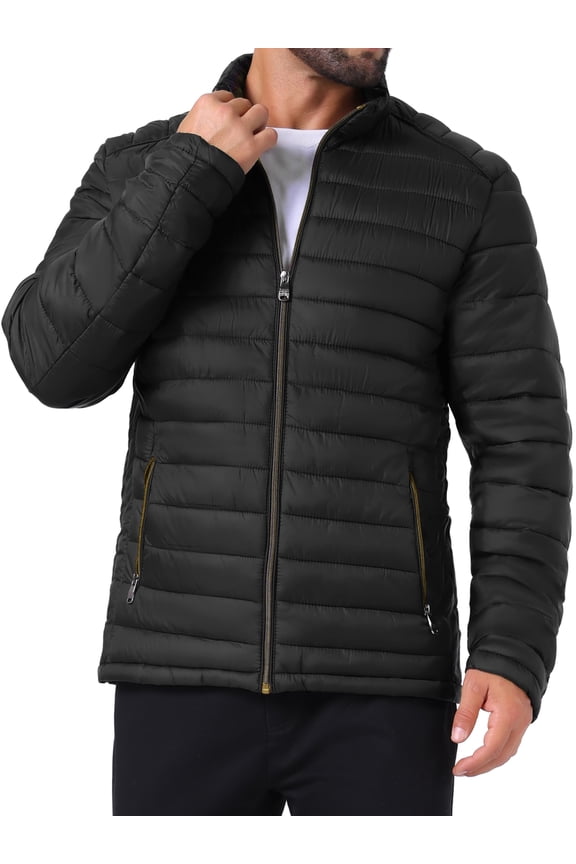 Men's Winter Solid Color Stand Collar Zipper Quilted Puffer Jacket M Black
