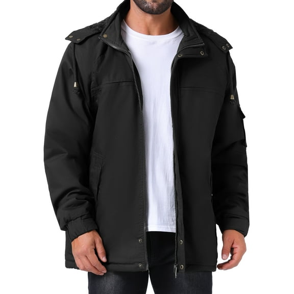 INSPIRE CHIC Men's Winter Warm Fleece Lined Thicken Hooded Work Parka Jacket L Black