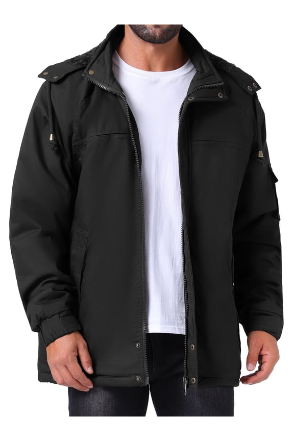 Men's Winter Warm Fleece Lined Thicken Hooded Work Parka Jacket S Black