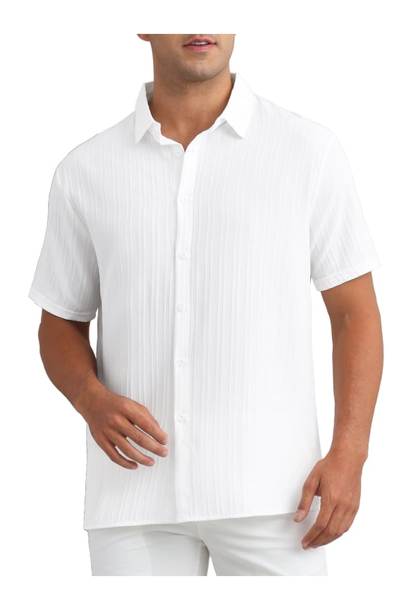 Mens Linen Shirts Short Sleeve Button Down Beach Summer Camp Collar Shirt S White