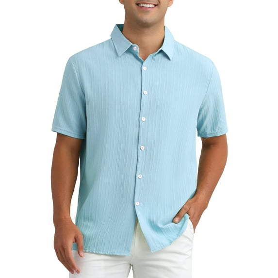 INSPIRE CHIC Mens Linen Shirts Short Sleeve Button Down Beach Summer Camp Collar Shirt XL Light Blue