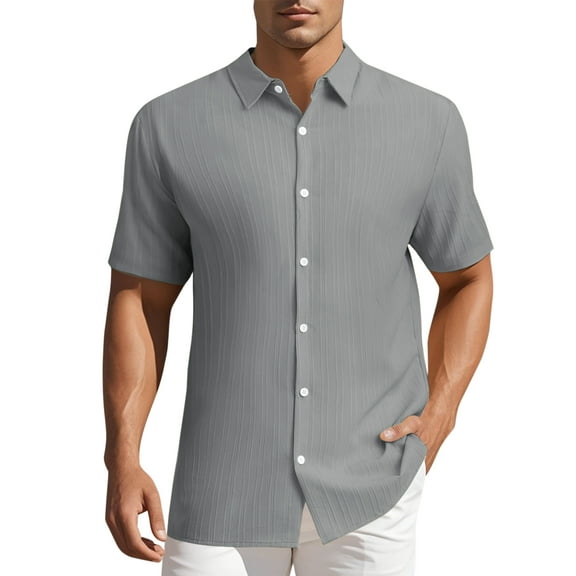 INSPIRE CHIC Mens Linen Shirts Short Sleeve Button Down Beach Summer Point Collar Shirt L Gray