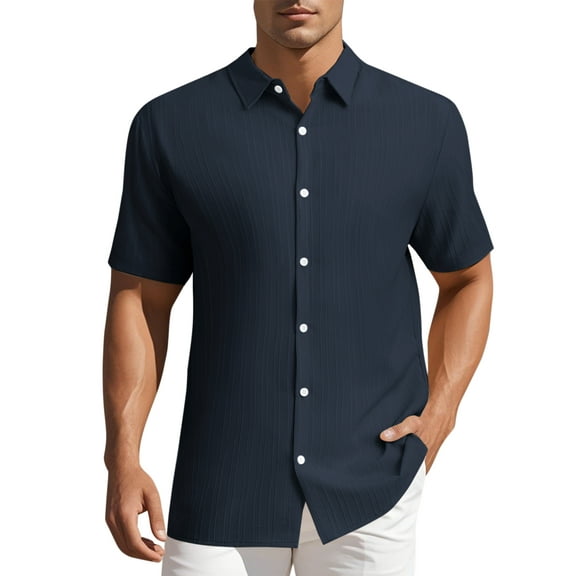 INSPIRE CHIC Mens Linen Shirts Short Sleeve Button Down Beach Summer Point Collar Shirt M Navy Blue