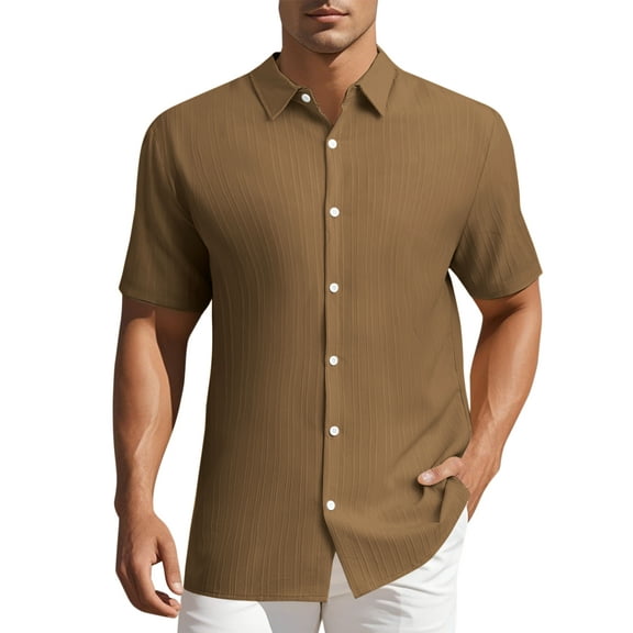 INSPIRE CHIC Mens Linen Shirts Short Sleeve Button Down Beach Summer Point Collar Shirt XL Brown