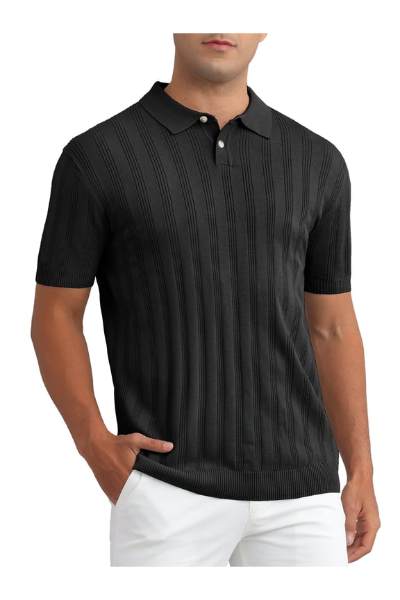 Men's Polos Shirt Knit Texture Point Collar Short Sleeve Polo Tops XL Black