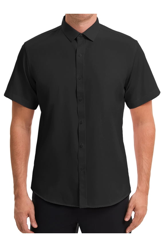 Mens Short Sleeve Dress Shirts Stretch Lightweight Business Solid Formal Button Down Shirts 2XL Black