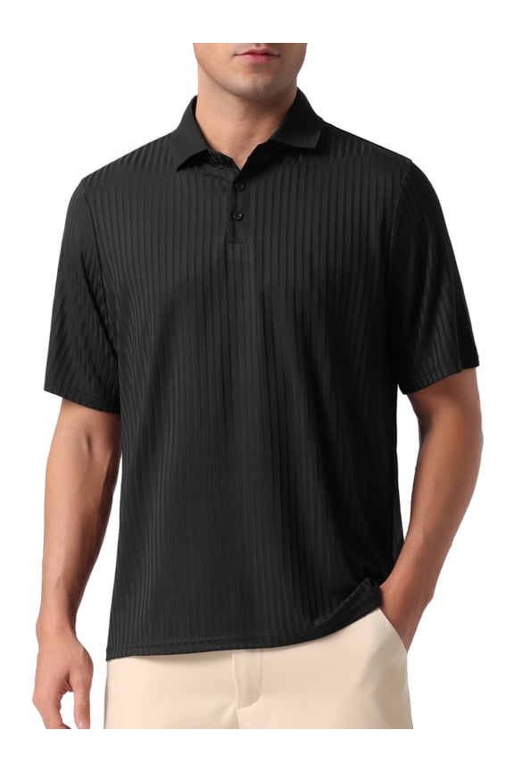 Mens Summer Casual Short Sleeve Solid Color Texture Knit Polo Shirts M Black