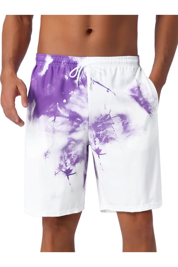 Mens Summer Colorful Tie-dyed Pattern Drawstring Elastic Waist Board Shorts 30 Purple White