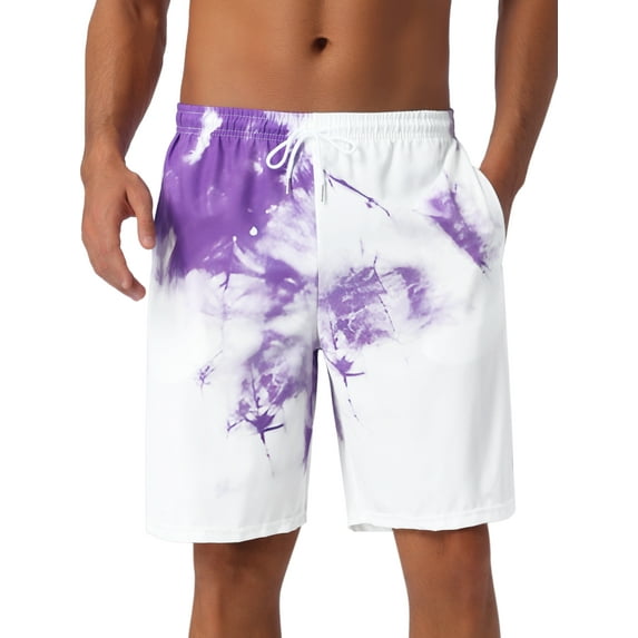 INSPIRE CHIC Mens Summer Colorful Tie-dyed Pattern Drawstring Elastic Waist Board Shorts 38 Purple White