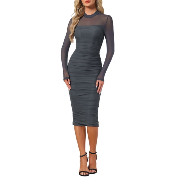 INSPIRE CHIC Mesh Dress for Women's Mock Neck Long Sleeve Ruch Cocktail Bodycon Dresses L Grey