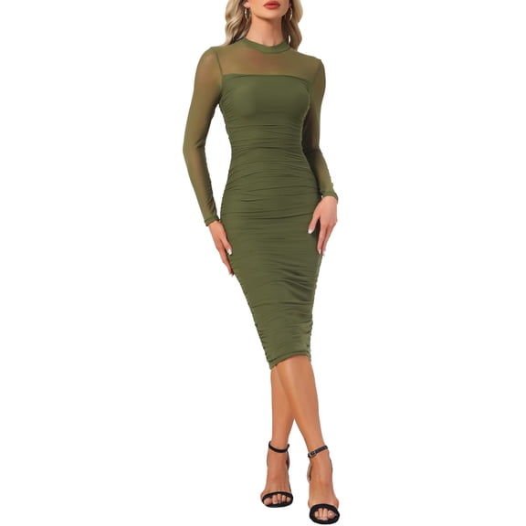 INSPIRE CHIC Mesh Dress for Women's Mock Neck Long Sleeve Ruch Cocktail Bodycon Dresses XS Olive Green