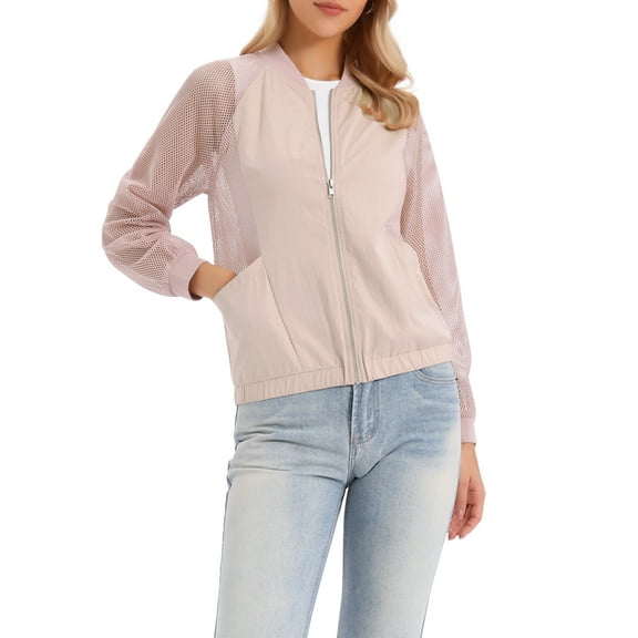 INSPIRE CHIC Mesh Jacket for Women's Zip Up Long Sleeve Sheer Lightweight Track Jackets with Pockets L Pink