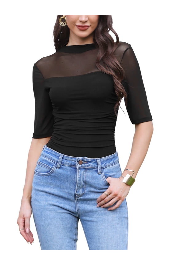 Mesh Jumpsuit for Womens's Party See Through Ruched Slim Fit Half Sleeve S Black